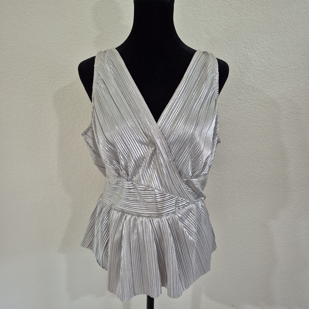 Express Silver Babydoll Blouse Top Crinkle Metallic Shine Retro Fairy Faux Wrap